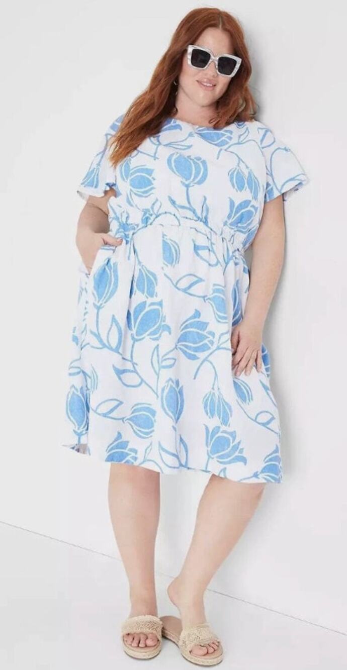 Lane Bryant Womens Plus Size 18 Flutter-Sleeve Tie-Back Linen Dress Blue White